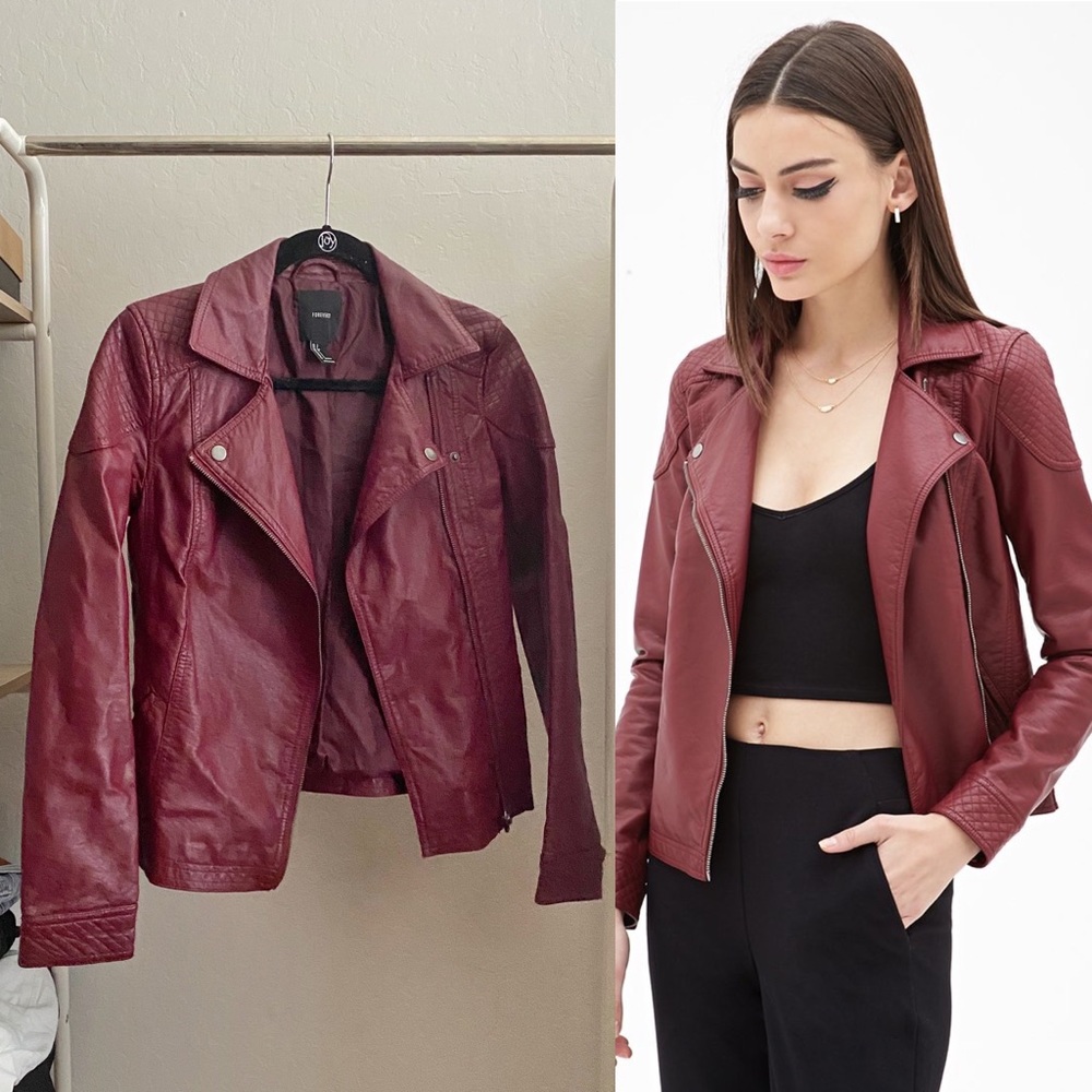 Forever 21 faux leather burgundy moto jacket small